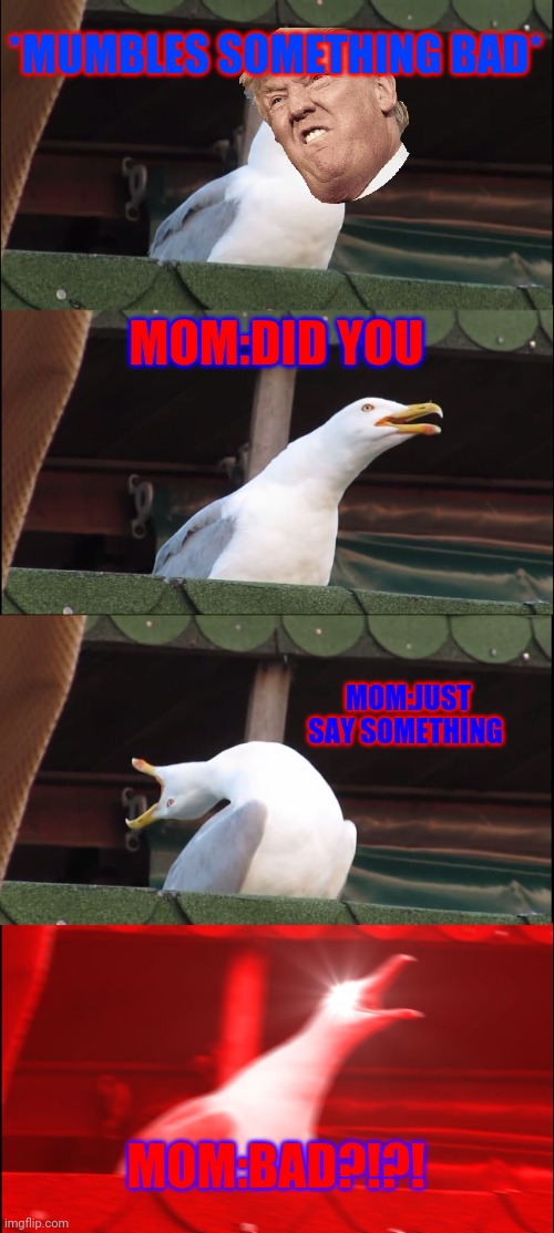 CHILDREAN AND MOMS | *MUMBLES SOMETHING BAD*; MOM:DID YOU; MOM:JUST SAY SOMETHING; MOM:BAD?!?! | image tagged in memes,inhaling seagull | made w/ Imgflip meme maker