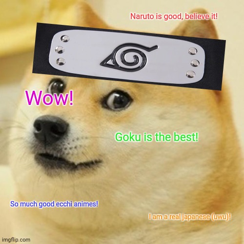 Doge | Naruto is good, believe it! Wow! Goku is the best! So much good ecchi animes! I am a real japanese (uwu)! | image tagged in memes,doge,japanizing beam | made w/ Imgflip meme maker