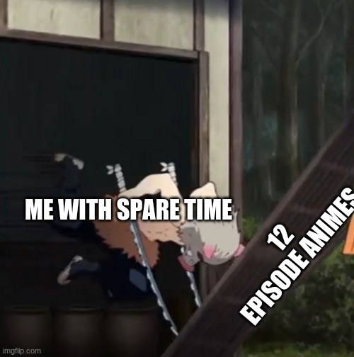 Me with spare time on my hands: | 12 EPISODE ANIMES; ME WITH SPARE TIME | image tagged in inosuke incoming,anime,inosuke | made w/ Imgflip meme maker