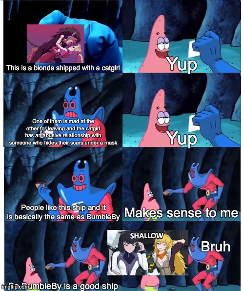 Patrick Star's Wallet | This is a blonde shipped with a catgirl; Yup; One of them is mad at the other for leaving and the catgirl has an abusive relationship with someone who hides their scars under a mask; Yup; People like this ship and it is basically the same as BumbleBy; Makes sense to me; Bruh; So BumbleBy is a good ship | image tagged in patrick star's wallet,he man,rwby | made w/ Imgflip meme maker
