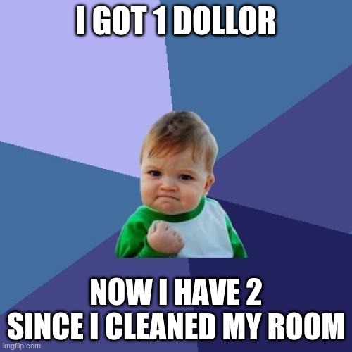 Money | I GOT 1 DOLLOR; NOW I HAVE 2 SINCE I CLEANED MY ROOM | image tagged in memes,success kid | made w/ Imgflip meme maker