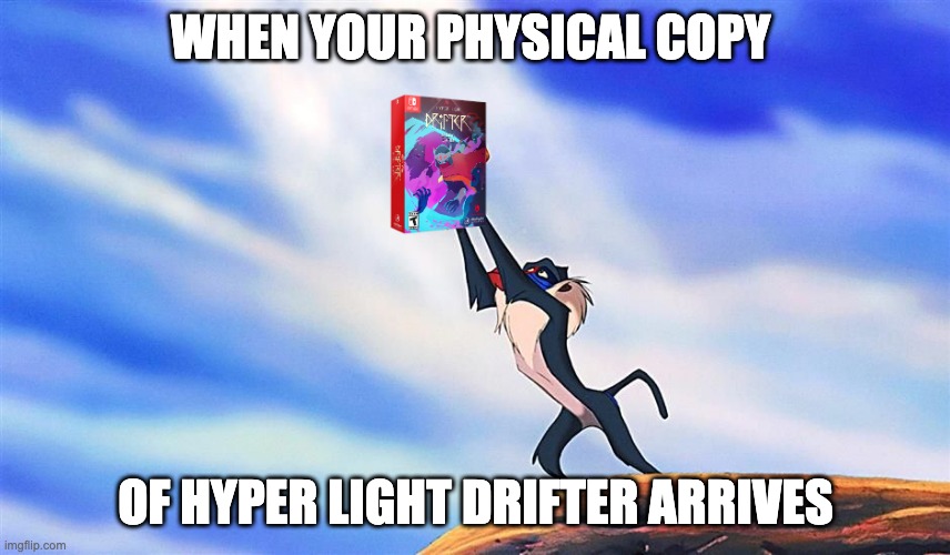 Lion King Rafiki Simba | WHEN YOUR PHYSICAL COPY; OF HYPER LIGHT DRIFTER ARRIVES | image tagged in lion king rafiki simba,nintendo switch,gaming,gamer,videogames | made w/ Imgflip meme maker