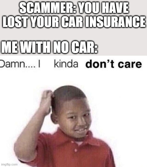 damn i kinda dont care | SCAMMER: YOU HAVE LOST YOUR CAR INSURANCE; ME WITH NO CAR: | image tagged in damn i kinda dont care | made w/ Imgflip meme maker