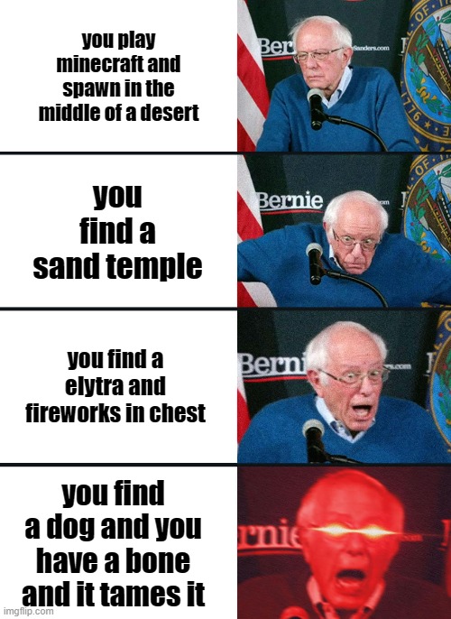 minecraft fake speedruns be like: | you play minecraft and spawn in the middle of a desert; you find a sand temple; you find a elytra and fireworks in chest; you find a dog and you have a bone and it tames it | image tagged in bernie sanders reaction nuked | made w/ Imgflip meme maker
