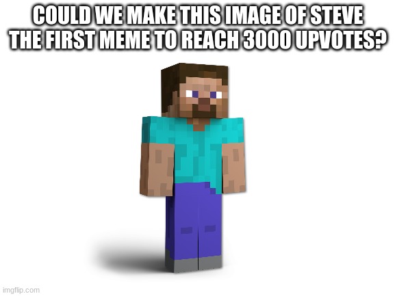 Could we reach our goal? | COULD WE MAKE THIS IMAGE OF STEVE THE FIRST MEME TO REACH 3000 UPVOTES? | image tagged in blank white template,fun,memes,reach for 3000 upvotes | made w/ Imgflip meme maker