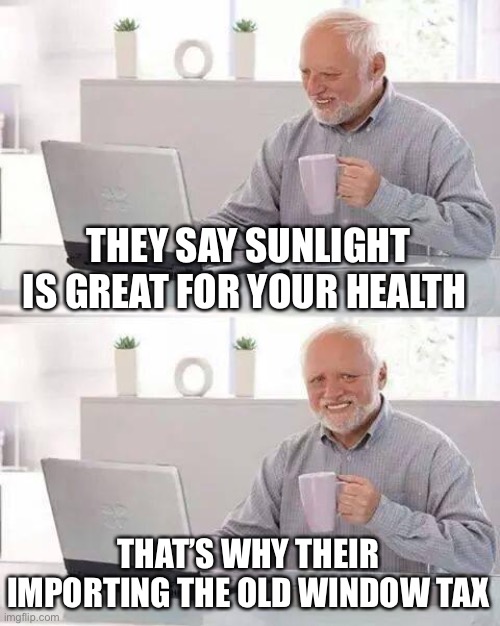 Taxing your light and air, start blocking up most your windows to avoid being taxed for it | THEY SAY SUNLIGHT IS GREAT FOR YOUR HEALTH; THAT’S WHY THEIR IMPORTING THE OLD WINDOW TAX | image tagged in memes,hide the pain harold | made w/ Imgflip meme maker