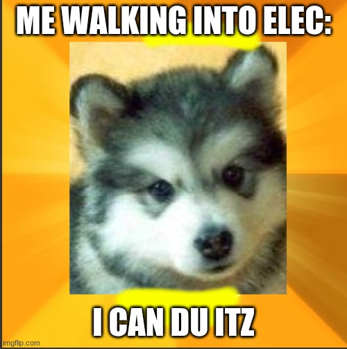 Among us wolf | ME WALKING INTO ELEC:; I CAN DU ITZ | image tagged in baby courage wolf | made w/ Imgflip meme maker