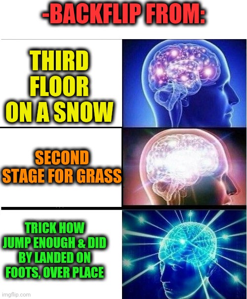 -Acrobat and reader. | -BACKFLIP FROM:; THIRD FLOOR ON A SNOW; SECOND STAGE FOR GRASS; TRICK HOW JUMP ENOUGH & DID BY LANDED ON FOOTS, OVER PLACE | image tagged in expanding brain 3 panels,backflip,the floor is lava,jumping,acrobatics,trick or treat | made w/ Imgflip meme maker
