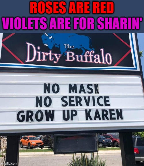 I drive a Crysler LeBaron | ROSES ARE RED; VIOLETS ARE FOR SHARIN' | image tagged in memes,sign,karen,mask,roses are red,marquee | made w/ Imgflip meme maker