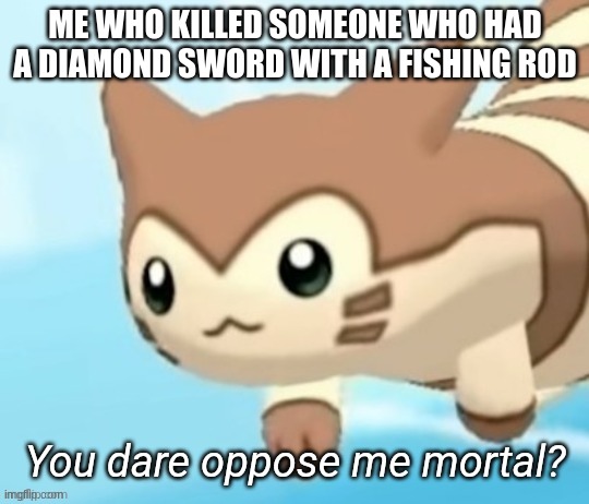 Furret you dare oppose me mortal? | ME WHO KILLED SOMEONE WHO HAD A DIAMOND SWORD WITH A FISHING ROD | image tagged in furret you dare oppose me mortal | made w/ Imgflip meme maker
