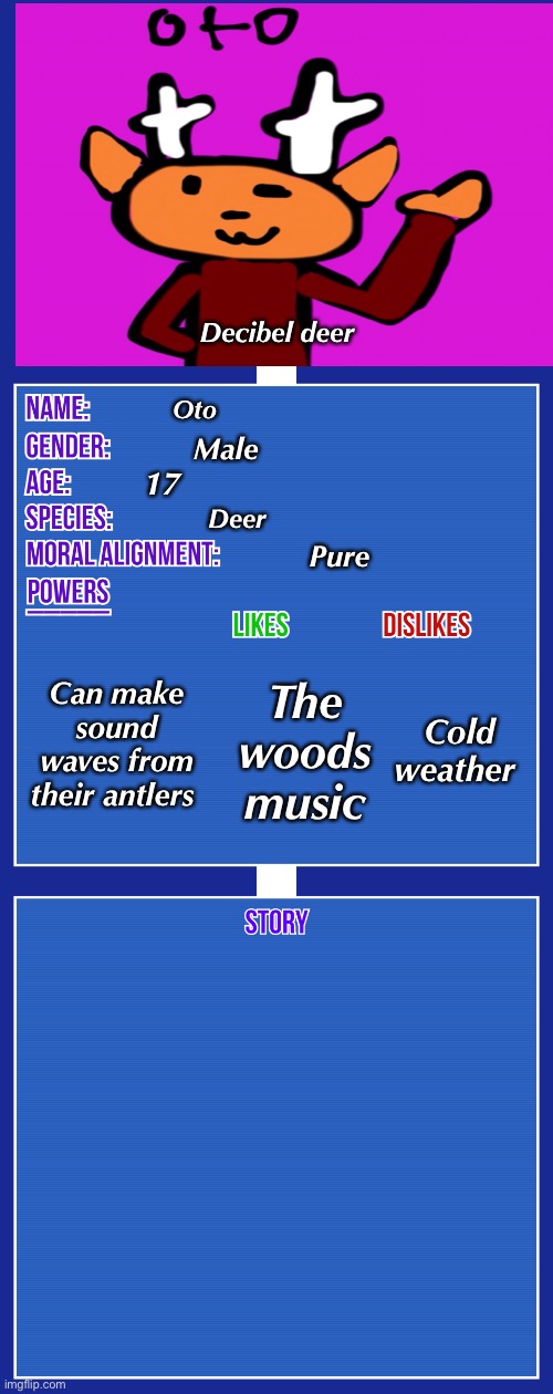 OC full showcase V2 | Decibel deer Oto Male 17 Deer Pure Can make sound waves from their antlers The woods music Cold weather | image tagged in oc full showcase v2 | made w/ Imgflip meme maker