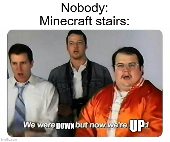 YYYYYYYYY | Nobody:
Minecraft stairs:; DOWN; UP | image tagged in we were bad but now we are good | made w/ Imgflip meme maker