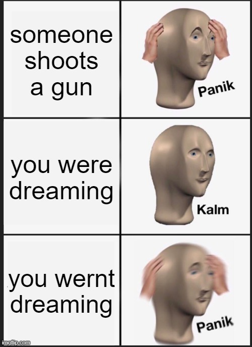 Panik Kalm Panik Meme | someone shoots a gun; you were dreaming; you wernt dreaming | image tagged in memes,panik kalm panik | made w/ Imgflip meme maker