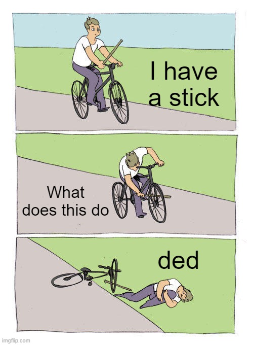 Probably me when I was 5 back in 2012 | I have a stick; What does this do; ded | image tagged in memes,bike fall | made w/ Imgflip meme maker
