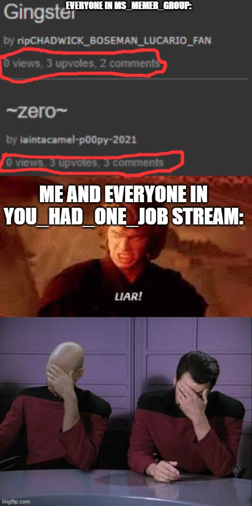 EVERYONE IN MS_MEMER_GROUP:; ME AND EVERYONE IN YOU_HAD_ONE_JOB STREAM: | image tagged in anakin liar,double facepalm,you had one job,no views more comments and upvotes,task failed successfully,fail | made w/ Imgflip meme maker