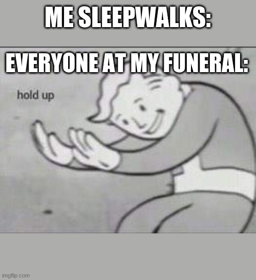 Fallout Hold Up | ME SLEEPWALKS:; EVERYONE AT MY FUNERAL: | image tagged in fallout hold up | made w/ Imgflip meme maker
