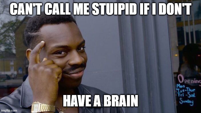 Roll Safe Think About It Meme | CAN'T CALL ME STUIPID IF I DON'T; HAVE A BRAIN | image tagged in memes,roll safe think about it | made w/ Imgflip meme maker