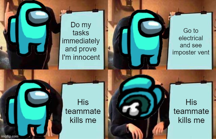 Among Us | Do my tasks immediately and prove I'm innocent; Go to electrical and see imposter vent; His teammate kills me; His teammate kills me | image tagged in memes,gru's plan | made w/ Imgflip meme maker