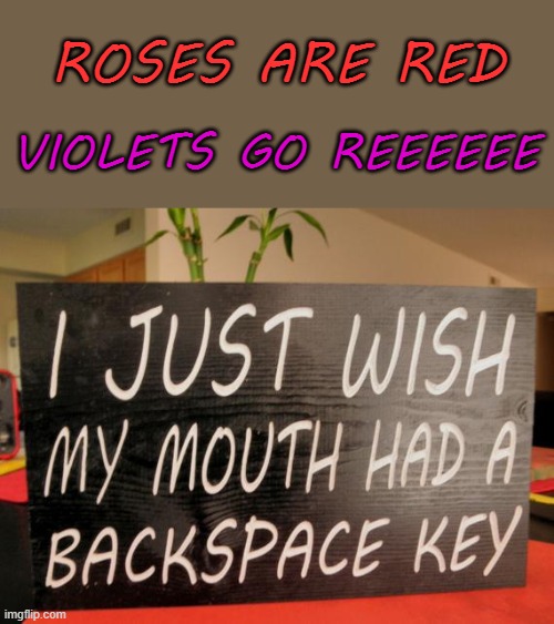 Doing lots of poems today | ROSES ARE RED; VIOLETS GO REEEEEE | image tagged in memes,roses are red,sign,mouth,backspace,reeeeeeeeeeeeeeeeeeeeee | made w/ Imgflip meme maker