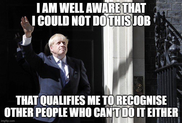 Boris No.10 | I AM WELL AWARE THAT I COULD NOT DO THIS JOB; THAT QUALIFIES ME TO RECOGNISE OTHER PEOPLE WHO CAN'T DO IT EITHER | image tagged in snollygoster | made w/ Imgflip meme maker
