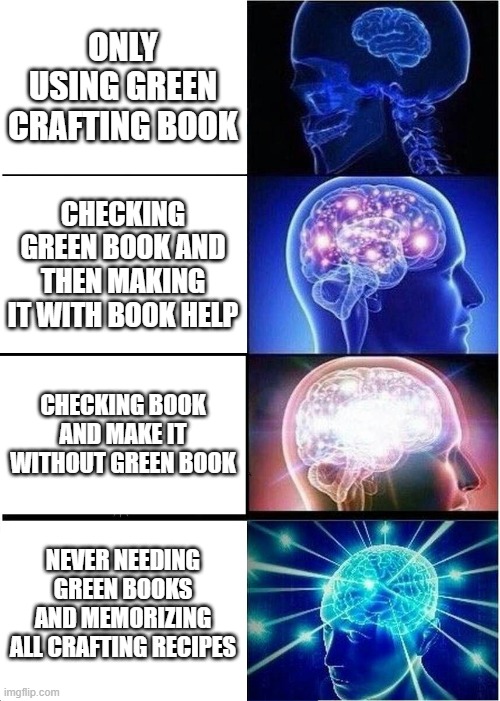 Knowledge | ONLY USING GREEN CRAFTING BOOK; CHECKING GREEN BOOK AND THEN MAKING IT WITH BOOK HELP; CHECKING BOOK AND MAKE IT WITHOUT GREEN BOOK; NEVER NEEDING GREEN BOOKS AND MEMORIZING ALL CRAFTING RECIPES | image tagged in memes,expanding brain | made w/ Imgflip meme maker