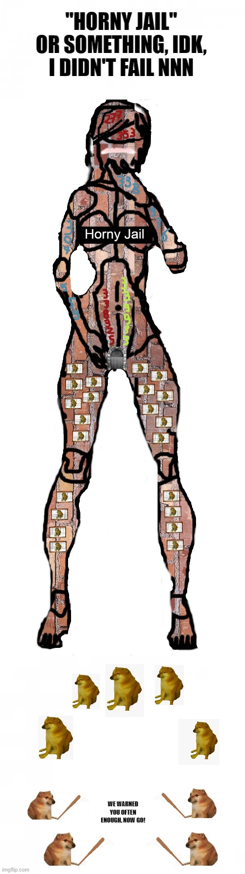 The first thing you'll see after getting bonked | "HORNY JAIL" OR SOMETHING, IDK, I DIDN'T FAIL NNN; WE WARNED YOU OFTEN ENOUGH, NOW GO! | image tagged in blank white template | made w/ Imgflip meme maker