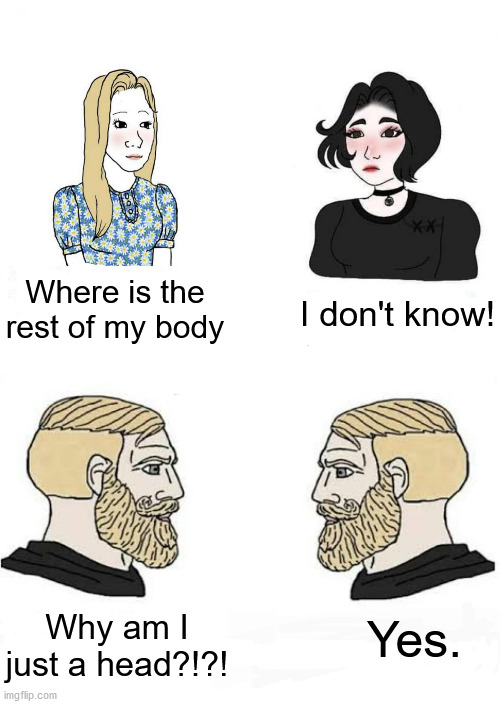 Seen the rest of their bodies? | Where is the rest of my body; I don't know! Why am I just a head?!?! Yes. | image tagged in girls vs boys,memes,funny,chad,yes | made w/ Imgflip meme maker