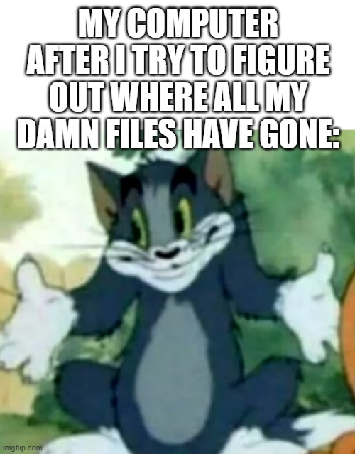 so annoying right? | MY COMPUTER AFTER I TRY TO FIGURE OUT WHERE ALL MY DAMN FILES HAVE GONE: | image tagged in shrugging tom | made w/ Imgflip meme maker