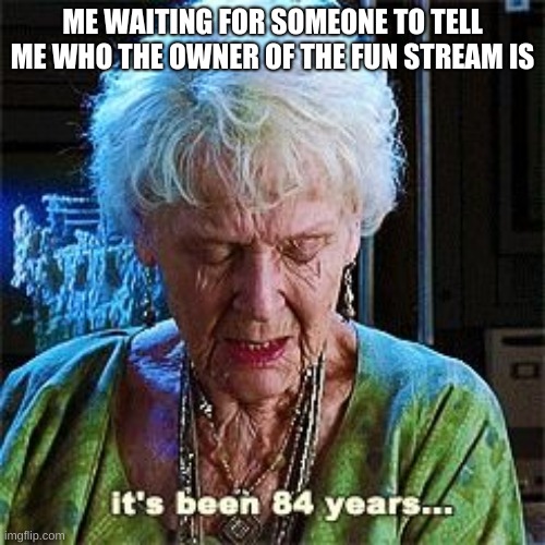 It's been 84 years | ME WAITING FOR SOMEONE TO TELL ME WHO THE OWNER OF THE FUN STREAM IS | image tagged in it's been 84 years | made w/ Imgflip meme maker