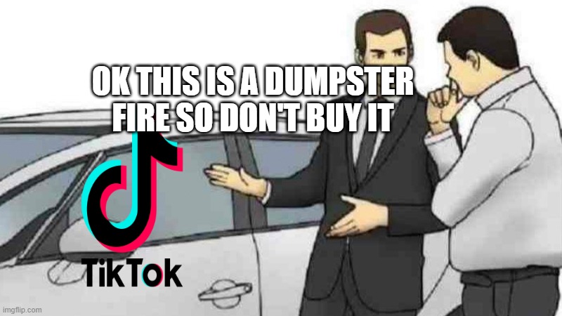 trash |  OK THIS IS A DUMPSTER FIRE SO DON'T BUY IT | image tagged in memes,car salesman slaps roof of car | made w/ Imgflip meme maker