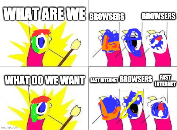 browsers | WHAT ARE WE; BROWSERS; BROWSERS; BROWSERS; WHAT DO WE WANT; FAST INTERNET; FAST INTERNET | image tagged in memes,what do we want | made w/ Imgflip meme maker