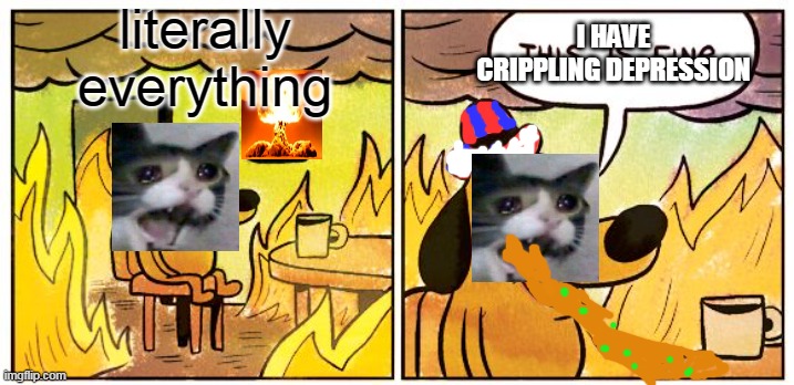 This Is Fine | literally everything; I HAVE CRIPPLING DEPRESSION | image tagged in memes,this is fine | made w/ Imgflip meme maker