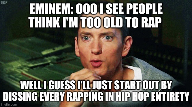 eminem disses | EMINEM: OOO I SEE PEOPLE THINK I'M TOO OLD TO RAP; WELL I GUESS I'LL JUST START OUT BY DISSING EVERY RAPPING IN HIP HOP ENTIRETY | image tagged in honk | made w/ Imgflip meme maker