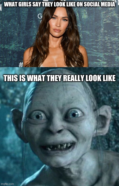 The real social media girls | WHAT GIRLS SAY THEY LOOK LIKE ON SOCIAL MEDIA; THIS IS WHAT THEY REALLY LOOK LIKE | image tagged in memes,gollum | made w/ Imgflip meme maker