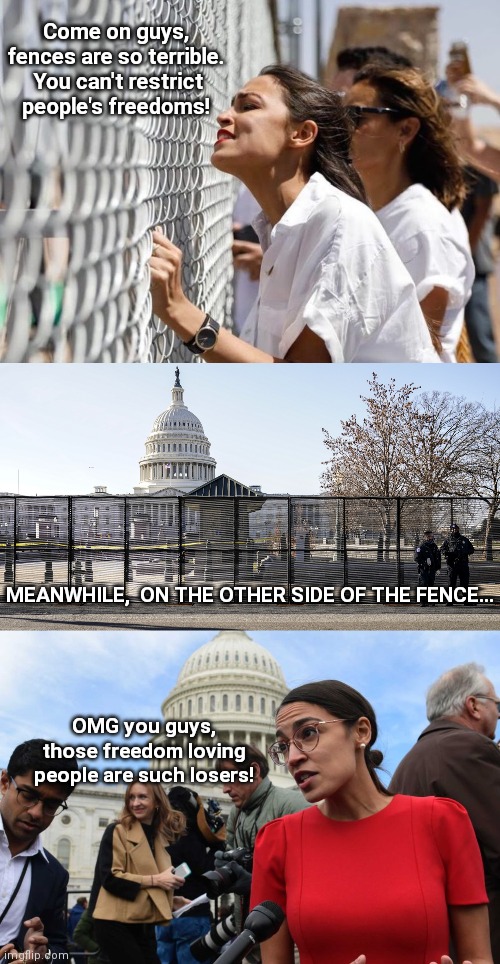 Fence Flip Flop | Come on guys, fences are so terrible.  You can't restrict people's freedoms! MEANWHILE,  ON THE OTHER SIDE OF THE FENCE... OMG you guys, those freedom loving people are such losers! | image tagged in build the wall,crazy aoc,liberal hypocrisy,trump 2024,government corruption,free speech | made w/ Imgflip meme maker