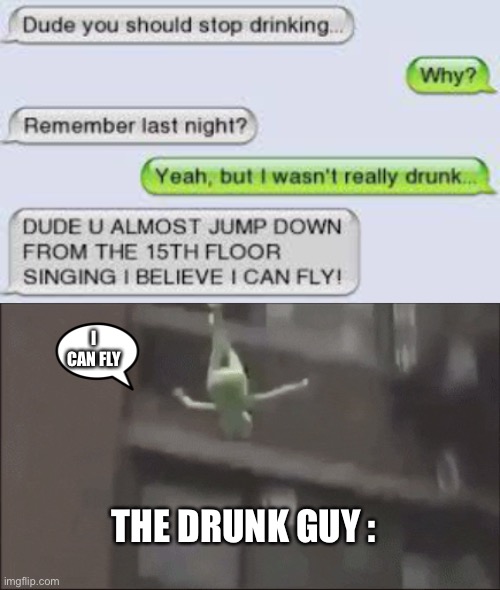 I CAN FLY!!!! | I CAN FLY; THE DRUNK GUY : | image tagged in funny,memes | made w/ Imgflip meme maker