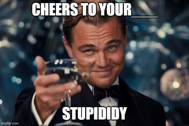 Leonardo Dicaprio Cheers Meme | CHEERS TO YOUR___; STUPIDIDY | image tagged in memes,leonardo dicaprio cheers | made w/ Imgflip meme maker
