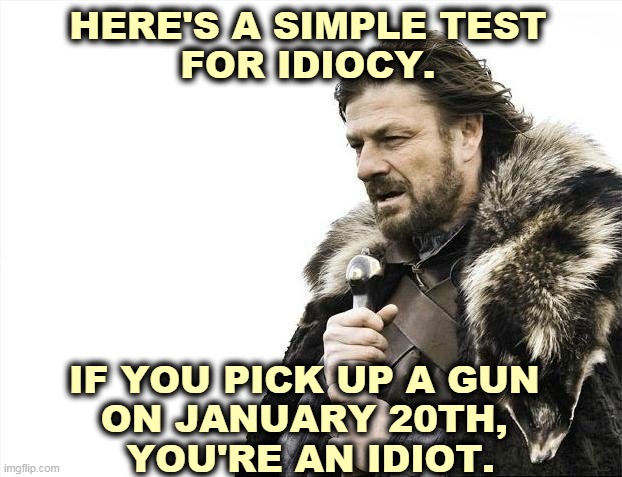 On January 20th, Joe Biden becomes the next president of the United States. Period. | HERE'S A SIMPLE TEST 
FOR IDIOCY. IF YOU PICK UP A GUN 
ON JANUARY 20TH, 
YOU'RE AN IDIOT. | image tagged in brace yourselves x is coming,biden,president,inauguration day,trump,finished | made w/ Imgflip meme maker