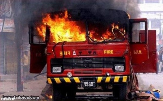 Irony ironic fire truck engine tender on fire | image tagged in irony ironic fire truck engine tender on fire | made w/ Imgflip meme maker