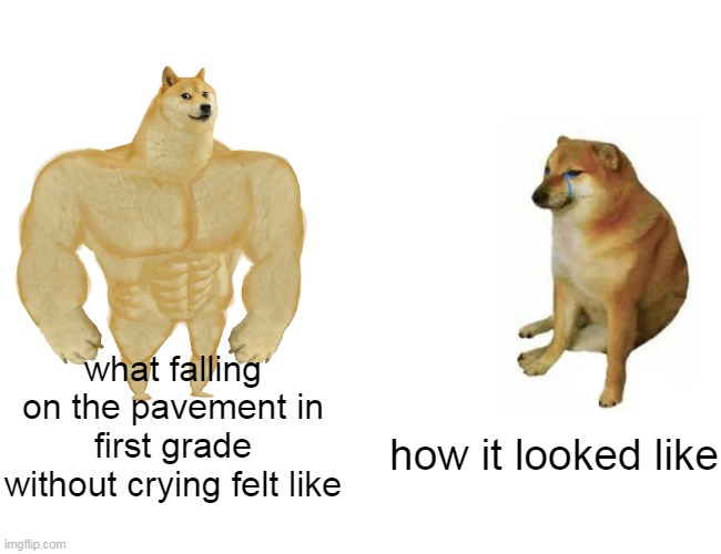 tripping on pavement | what falling on the pavement in first grade without crying felt like; how it looked like | image tagged in memes,buff doge vs cheems | made w/ Imgflip meme maker
