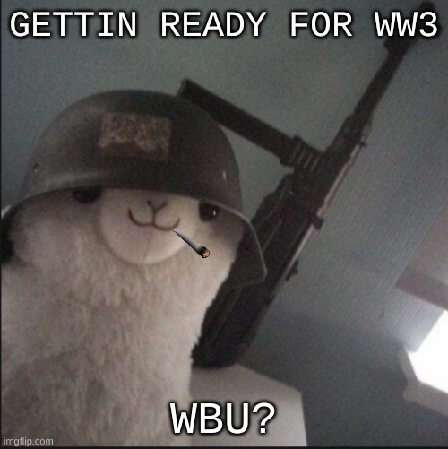 March 2021: |  GETTIN READY FOR WW3; WBU? | image tagged in llama gun,llamas,funny,meme | made w/ Imgflip meme maker