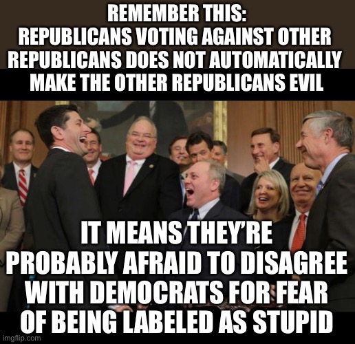 I’ve seen so many rightist people that agree with leftist claims out of fear. | REMEMBER THIS:
REPUBLICANS VOTING AGAINST OTHER 
REPUBLICANS DOES NOT AUTOMATICALLY 
MAKE THE OTHER REPUBLICANS EVIL; IT MEANS THEY’RE PROBABLY AFRAID TO DISAGREE WITH DEMOCRATS FOR FEAR OF BEING LABELED AS STUPID | image tagged in republicans senators laughing,leftists,republicans,politics,warning,memes | made w/ Imgflip meme maker