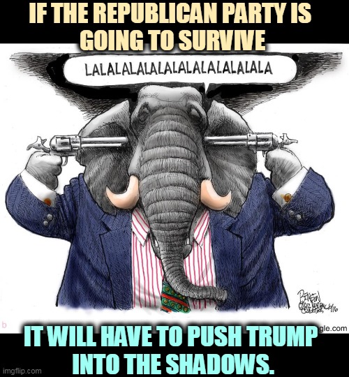 He's got money and he makes noise, but he'll never be president again. | IF THE REPUBLICAN PARTY IS 
GOING TO SURVIVE; IT WILL HAVE TO PUSH TRUMP 
INTO THE SHADOWS. | image tagged in gop republican elephant ignoring facts science,gop,republican,trump,over,finished | made w/ Imgflip meme maker