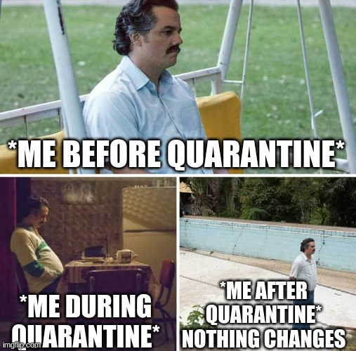 Nothing Changes.... | *ME BEFORE QUARANTINE*; *ME AFTER QUARANTINE*
NOTHING CHANGES; *ME DURING QUARANTINE* | image tagged in memes,sad pablo escobar | made w/ Imgflip meme maker