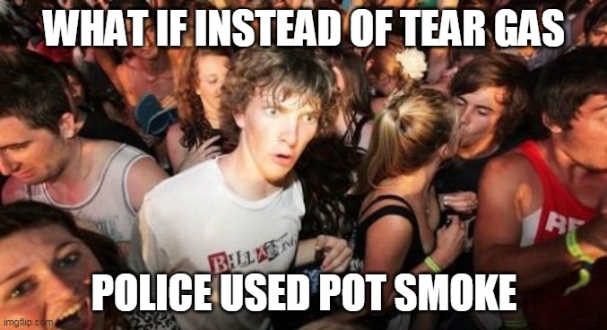 Sudden Clarity Clarence Meme | WHAT IF INSTEAD OF TEAR GAS; POLICE USED POT SMOKE | image tagged in memes,sudden clarity clarence | made w/ Imgflip meme maker