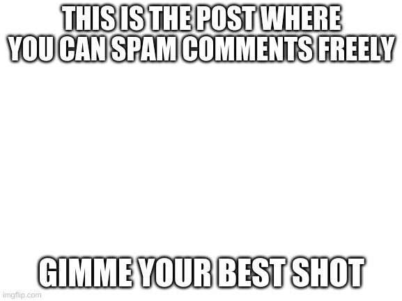 Blank White Template | THIS IS THE POST WHERE YOU CAN SPAM COMMENTS FREELY; GIMME YOUR BEST SHOT | image tagged in blank white template | made w/ Imgflip meme maker
