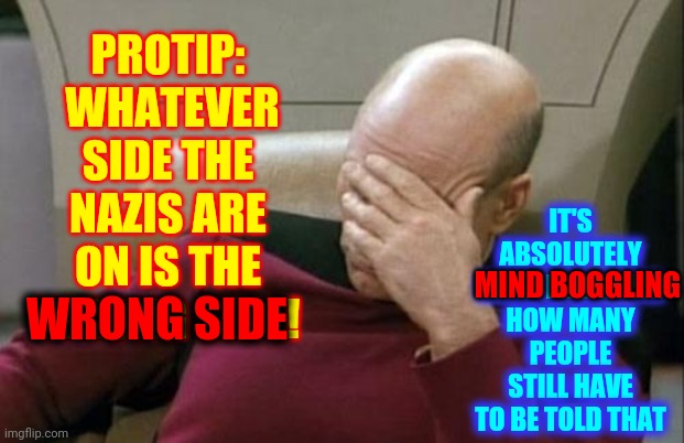 How?  How?  How Can You Not See That? | PROTIP:  WHATEVER SIDE THE NAZIS ARE ON IS THE WRONG SIDE! IT'S ABSOLUTELY MIND BOGGLING HOW MANY PEOPLE STILL HAVE TO BE TOLD THAT; MIND BOGGLING; WRONG SIDE | image tagged in memes,captain picard facepalm,trump unfit unqualified dangerous,lock trump up,nazism,nazi clown | made w/ Imgflip meme maker