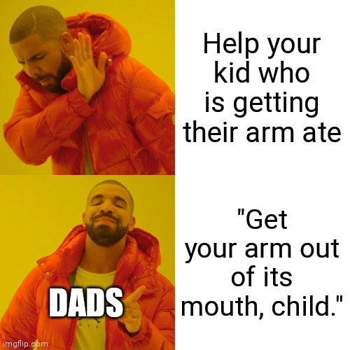 Dads be like | Help your kid who is getting their arm ate; "Get your arm out of its mouth, child."; DADS | image tagged in memes,drake hotline bling | made w/ Imgflip meme maker