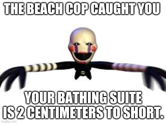 the beach cop caught you. | THE BEACH COP CAUGHT YOU; YOUR BATHING SUITE IS 2 CENTIMETERS TO SHORT. | image tagged in fnaf,the puppet | made w/ Imgflip meme maker