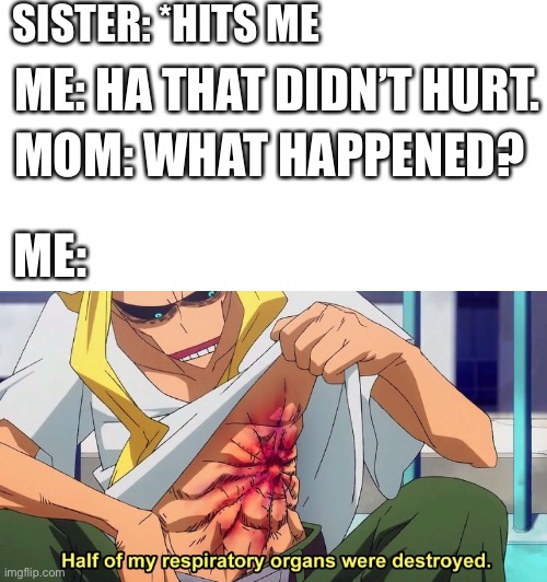 Lol | SISTER: *HITS ME; ME: HA THAT DIDN’T HURT. MOM: WHAT HAPPENED? ME: | image tagged in half of my respiratory organs were destroyed | made w/ Imgflip meme maker